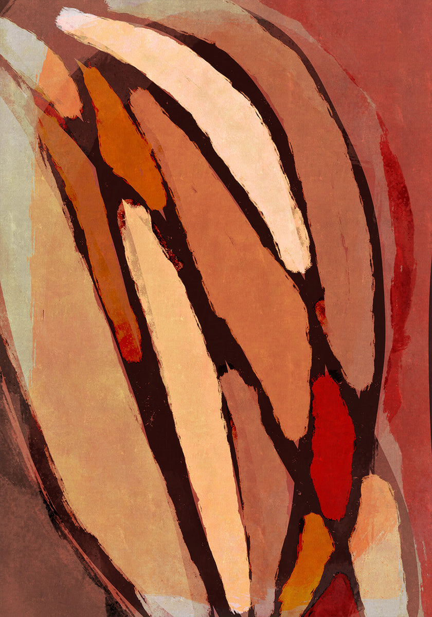 De afbeelding is een abstract schilderij met gedurfde, overlappende vormen in verschillende tinten bruin, oranje en rood. De compositie creëert een dynamisch en visueel opvallend abstract kunstwerk.