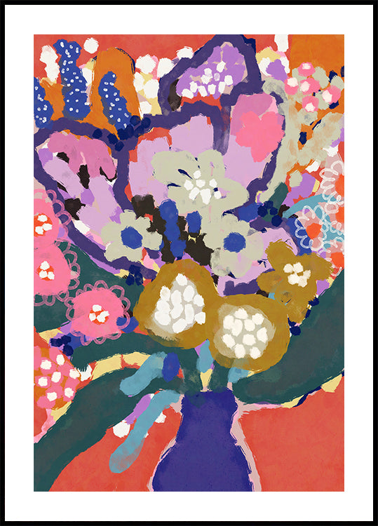 De afbeelding is een levendig en kleurrijk abstract schilderij met een verscheidenheid aan bloemen en bladeren in verschillende kleuren, waaronder tinten roze, blauw, groen en geel. Het schilderij is ingelijst in een zwarte lijst, wat contrasteert met de heldere en levendige kleuren van het kunstwerk.