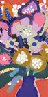 De afbeelding is een levendig en kleurrijk abstract schilderij met een verscheidenheid aan bloemen en bladeren in verschillende kleuren, waaronder tinten roze, blauw, groen en geel. Het schilderij is een levendige en dynamische compositie, met krachtige penseelstreken en een gevoel van energie en beweging.