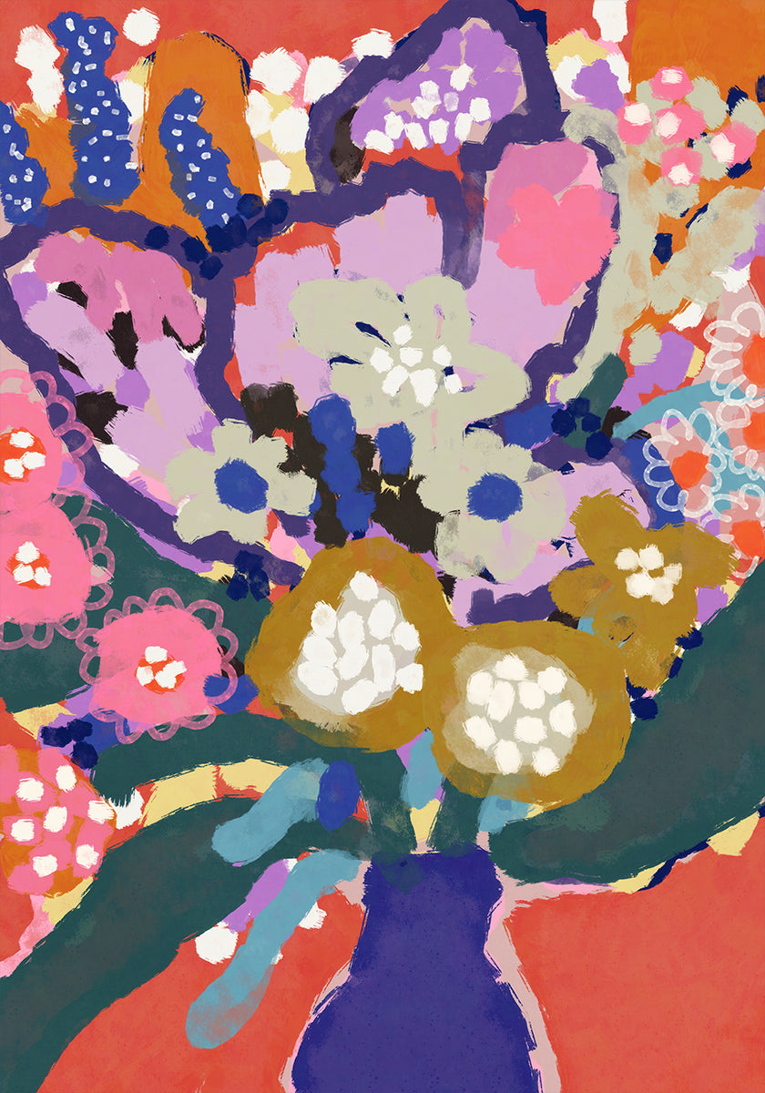 De afbeelding is een levendig en kleurrijk abstract schilderij met een verscheidenheid aan bloemen en bladeren in verschillende kleuren, waaronder tinten roze, blauw, groen en geel. Het schilderij is een levendige en dynamische compositie, met krachtige penseelstreken en een gevoel van energie en beweging.